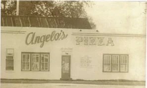 Vintage photo of the original Angelo's Pizza building in Taylorville
