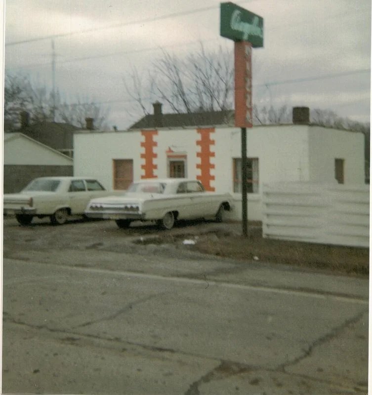 Early Angelo's Pizza building on Spresser Street with classic cars